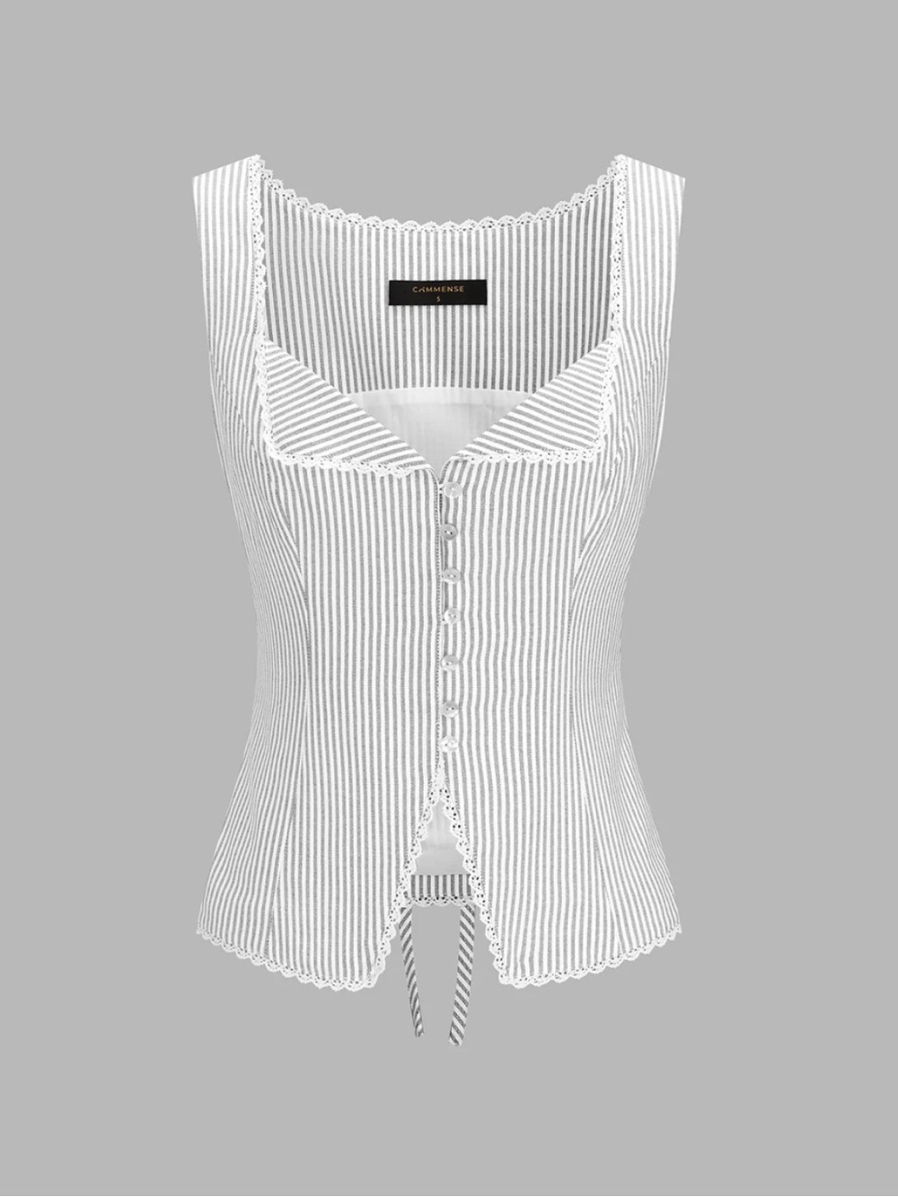 Commense Cotton White and Gray Pinstriped Lace-Trim Button Down Tank
